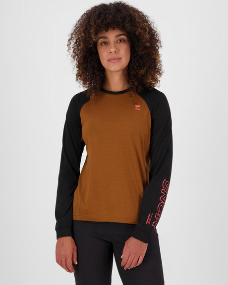 Maillot de vélo à manches longues en laine mérinos Tarn - Caramel / Noir | Femme