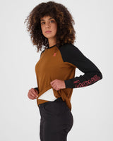 Maillot de vélo à manches longues en laine mérinos Tarn - Caramel / Noir | Femme