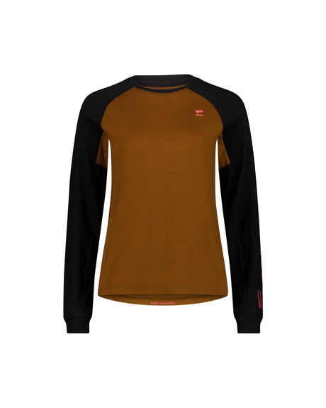 Maillot de vélo à manches longues en laine mérinos Tarn - Caramel / Noir | Femme